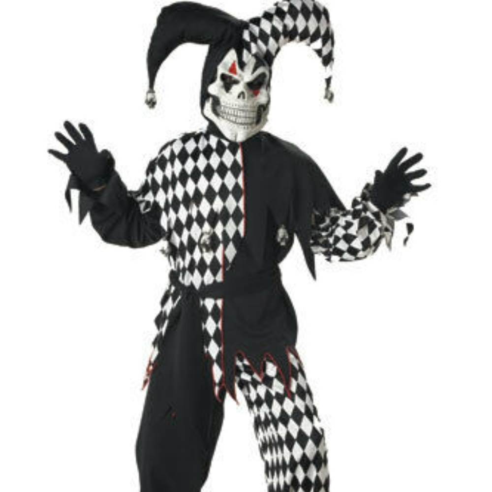 Child Black White Evil Jester Halloween Costume M